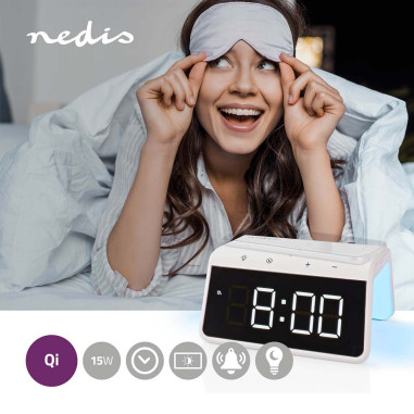 Réveil + Chargeur Sans Fil  Certifié Qi | 5 / 7.5 / 10 / 15 W Double Alarme Blanc