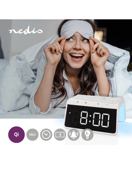 Réveil + Chargeur Sans Fil  Certifié Qi | 5 / 7.5 / 10 / 15 W Double Alarme Blanc