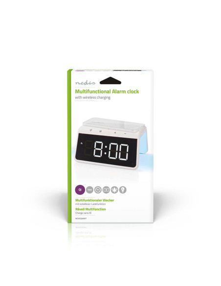 Réveil + Chargeur Sans Fil  Certifié Qi | 5 / 7.5 / 10 / 15 W Double Alarme Blanc