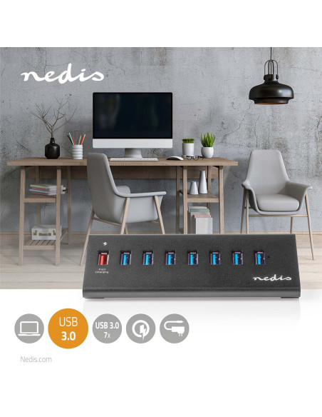 NEDIS Hub USB 8 port(s) QC3.0 / USB 3.2 Gen1 Alimentation secteur