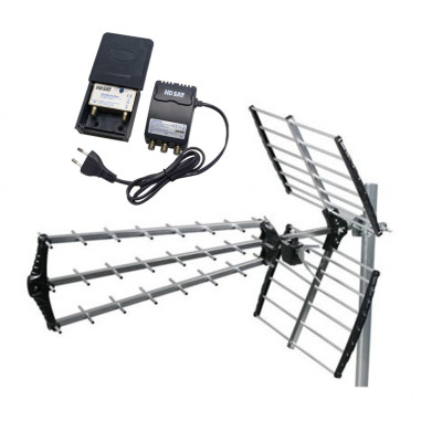 PACK HDSAT ANTENNE TNT TRINAPPE GAIN 18dB UHF rateau + Kit Preamplificateur de Mat 5G TNT UHF + Alim 12V 2 Sorties - Gain 38dB