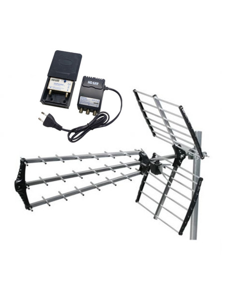 PACK HDSAT ANTENNE TNT TRINAPPE GAIN 18dB UHF rateau + Kit Preamplificateur de Mat 5G TNT UHF + Alim 12V 2 Sorties - Gain 38dB