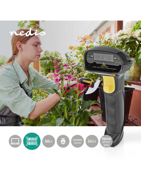 NEDIS Lecteur de Codes-Barres Sans Fil Laser Linéaire 1D Alimenté Par Pile Ou Port USB