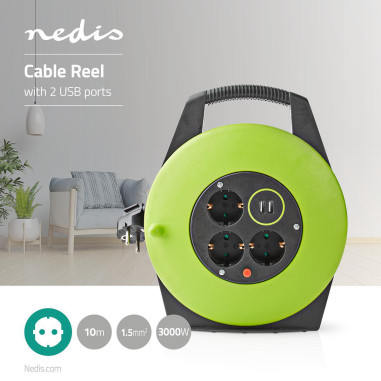 NEDIS Enrouleur Rallonge Câble 2 Ports de Charge USB 3 Prises de Courant Prise de Terre