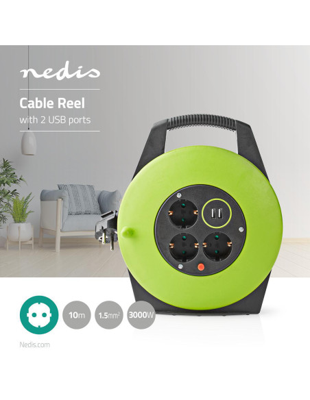 NEDIS Enrouleur Rallonge Câble 2 Ports de Charge USB 3 Prises de Courant Prise de Terre