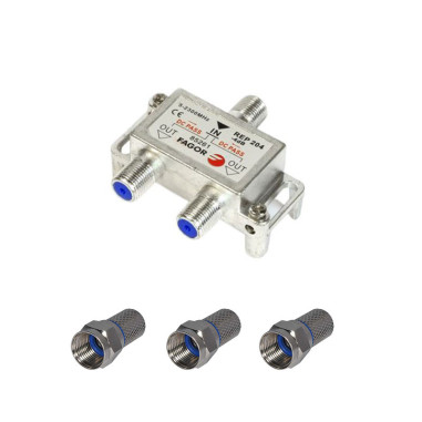 Pack FAGOR Répartiteur Antenne TV ou SAT 1 Entrée 2 sorties 5-2300Mhz + 3 Fiches F 7mm Haute Qualité