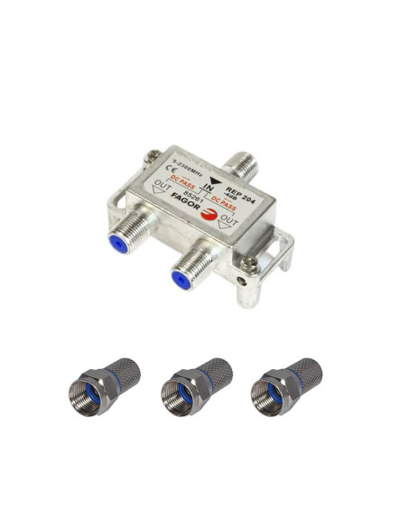 Pack FAGOR Répartiteur Antenne TV ou SAT 1 Entrée 2 sorties 5-2300Mhz + 3 Fiches F 7mm Haute Qualité