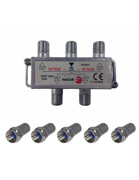 Pack FAGOR Répartiteur Antenne TV ou SAT 1 Entrée 4 sorties 5-2300Mhz + 5 Fiches F 7mm Haute Qualité