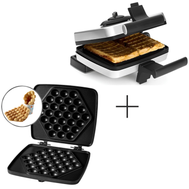 PACK FRIFRI Gauffrier/Croque-Monsieur Gris Système Rotatif + Plaques en fonte pour Bubble Gaufres
