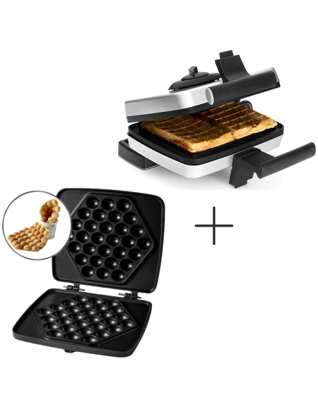 PACK FRIFRI Gauffrier/Croque-Monsieur Gris Système Rotatif + Plaques en fonte pour Bubble Gaufres
