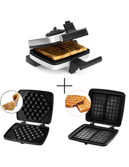 PACK FRIFRI Gaufrier/Croque-Monsieur Avec Sytème Rotatif + Plaque En Fonte Pour Gaufres Fourrées + Bubble Gaufres