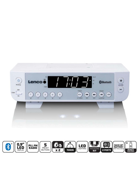 Lenco KCR-100WH Radio FM de cuisine avec Bluetooth® Eclairage LED et minuterie Blanc