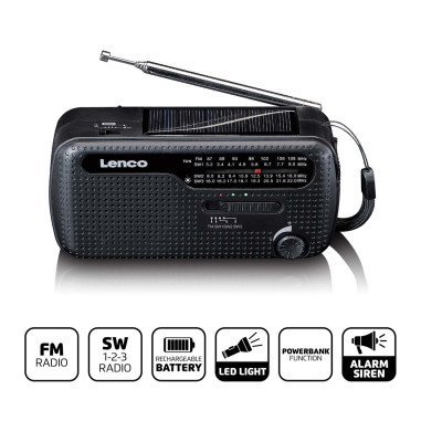 Lenco MCR-113BK Lampe de poche radio d'urgence portative à remontoir et banque d'alimentation en un seul appareil Noir