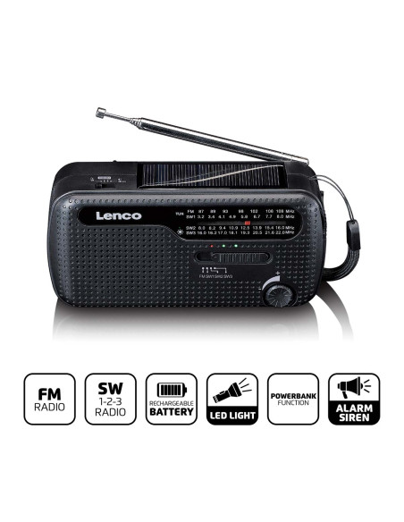 Lenco MCR-113BK Lampe de poche radio d'urgence portative à remontoir et banque d'alimentation en un seul appareil Noir