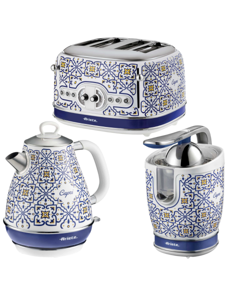 PACK ARIETE Capri Bouilloire 1.7L + Grille-pain 4 fentes + Presse-agrumes 85W Design Rétro