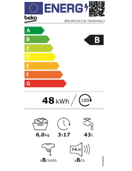 BEKO Lave-linge hublot 6kg 1200trs/min 15 programmes