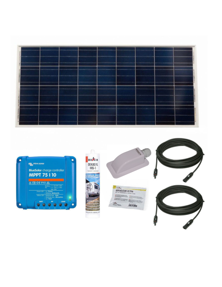 PACK VICTRON Panneau Solaire BlueSolar 140W Monocristallin Camping-Car + Régulateur de Charge + Kit de Pose + Solar Câble