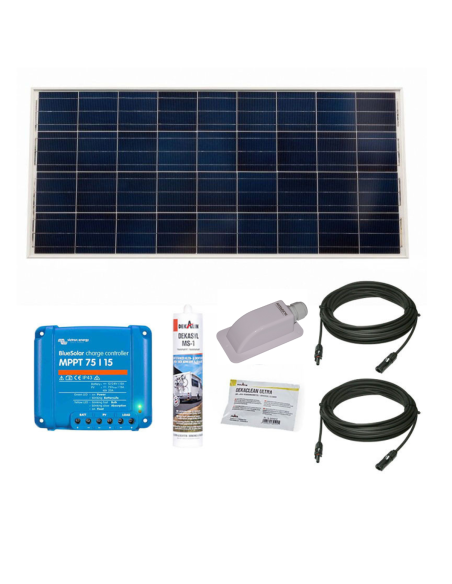 PACK VICTRON Panneau Solaire BlueSolar 140W Monocristallin Camping-Car + Régulateur de Charge + Kit de Pose + Solar Câble