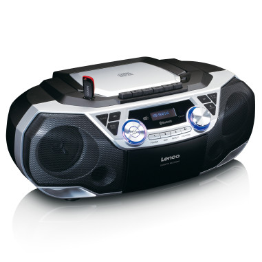 Lenco SCD-720SI Boombox portable avec radio DAB+/FM. Bluetooth®. CD. enregistreur de cassettes et lecteur USB Argent