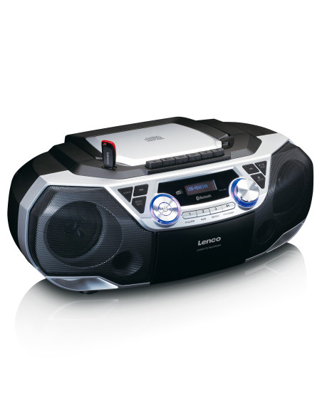 Lenco SCD-720SI Boombox portable avec radio DAB+/FM. Bluetooth®. CD. enregistreur de cassettes et lecteur USB Argent