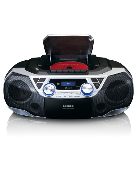 Lenco SCD-720SI Boombox portable avec radio DAB+/FM. Bluetooth®. CD. enregistreur de cassettes et lecteur USB Argent