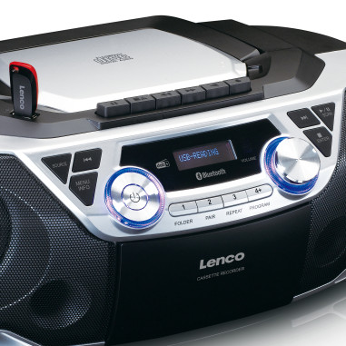 Lenco SCD-720SI Boombox portable avec radio DAB+/FM. Bluetooth®. CD. enregistreur de cassettes et lecteur USB Argent