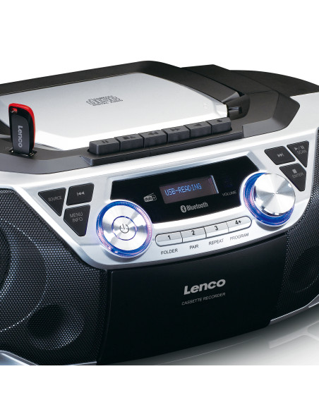 Lenco SCD-720SI Boombox portable avec radio DAB+/FM. Bluetooth®. CD. enregistreur de cassettes et lecteur USB Argent