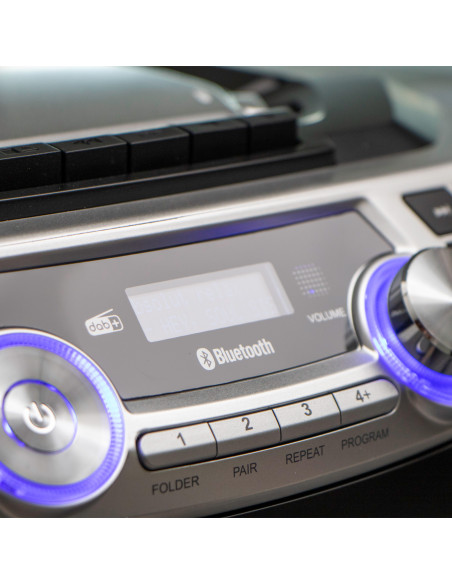 Lenco SCD-720SI Boombox portable avec radio DAB+/FM. Bluetooth®. CD. enregistreur de cassettes et lecteur USB Argent