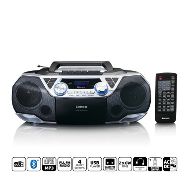 Lenco SCD-720SI Boombox portable avec radio DAB+/FM. Bluetooth®. CD. enregistreur de cassettes et lecteur USB Argent