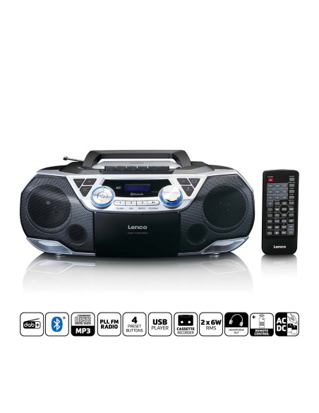 Lenco SCD-720SI Boombox portable avec radio DAB+/FM. Bluetooth®. CD. enregistreur de cassettes et lecteur USB Argent