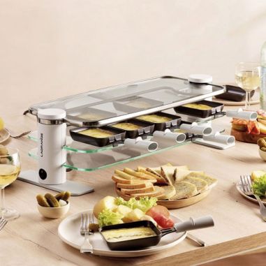 LAGRANGE RACLETTE TRANSPARENCE 8 PERS 3 PLATEAUX VERRE TREMPE BLANC GRIS