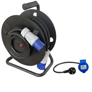 Pack Enrouleur de câble électrique Camping 3600W 25M P17 + Adaptateur Femelle P17 - 230V CEE 150cm pour Camping-Car