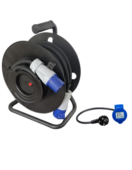 Pack Enrouleur de câble électrique Camping 3600W 25M P17 + Adaptateur Femelle P17 - 230V CEE 150cm pour Camping-Car