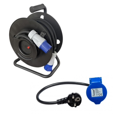 Pack Enrouleur de câble électrique Camping 3600W 25M P17 + Adaptateur Femelle P17 - 230V CEE 50cm pour Camping-Car