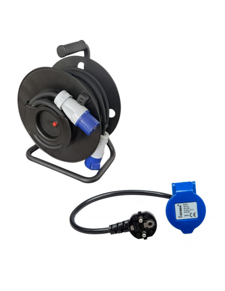 Pack Enrouleur de câble électrique Camping 3600W 25M P17 + Adaptateur Femelle P17 - 230V CEE 50cm pour Camping-Car