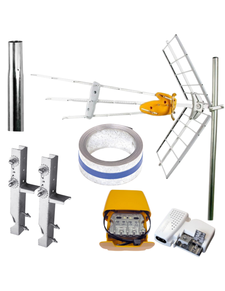 PACK TELEVES Antenne rateau + Kit Alimentation + Amplificateur de mat + Cerclage double + Feuillard 5m + Mat 1m