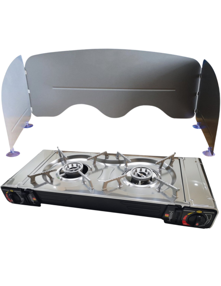 PACK INCASA Réchaud à Gaz Portable 2 feux + Pare-flammes à ventouses - Camping