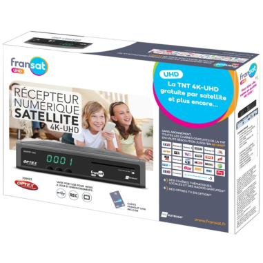 OPTEX Décodeur Satellite Fransat UHD 4K + Carte + Câble HDMI + Cordon 12V