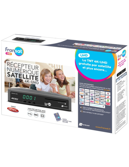 OPTEX Décodeur Satellite Fransat UHD 4K + Carte + Câble HDMI + Cordon 12V