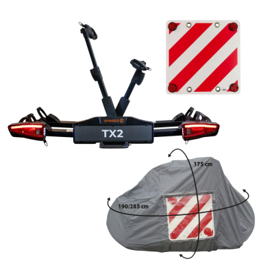 Pack SPINDER Porte-vélos plateforme 2 vélos + Bâche pour porte-vélo pour 2-3 vélos + Panneau de signalisation réfléchissant