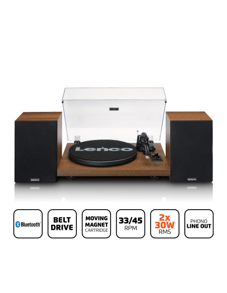 Lenco LS-480WD Lecteur de disques avec amplificateur intégré et Bluetooth® et 2 haut-parleurs externes Wood