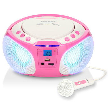 Lenco SCD-650PK Radio FM portable CD/MP3/USB Microphone et effets lumineux Rose