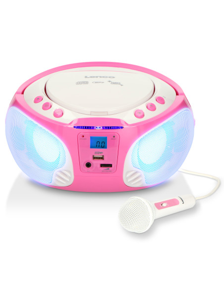 Lenco SCD-650PK Radio FM portable CD/MP3/USB Microphone et effets lumineux Rose