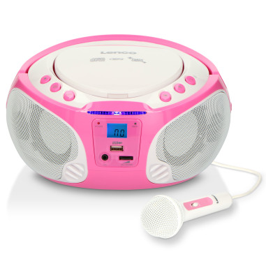 Lenco SCD-650PK Radio FM portable CD/MP3/USB Microphone et effets lumineux Rose