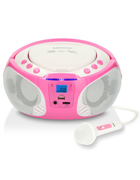 Lenco SCD-650PK Radio FM portable CD/MP3/USB Microphone et effets lumineux Rose
