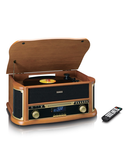 Lenco TCD-2571WD Tourne-disque rétro en bois avec Bluetooth®. radio DAB+/FM. encodage USB. lecteur CD. lecteur de cassettes et