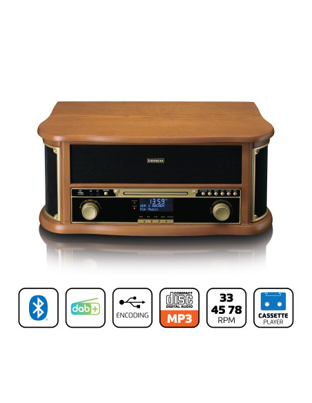 Lenco TCD-2571WD Tourne-disque rétro en bois avec Bluetooth®. radio DAB+/FM. encodage USB. lecteur CD. lecteur de cassettes et